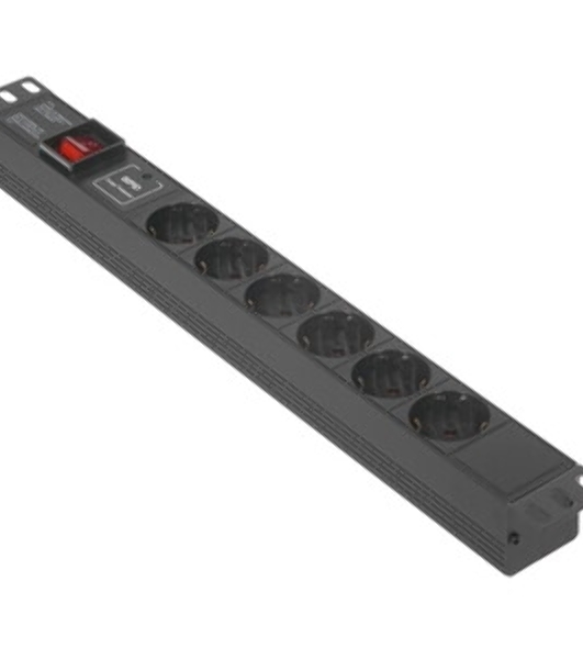 Блок розеток горизонтальный ExeGate ServerPro PDU-19H607 Al-6S-C14-SW-SPD1, 19', 1U, Алюминий, 6 Schuko, С14, выкл. с подсветкой, SPD1, черный