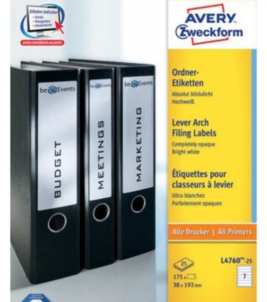Этикетки Avery Zweckform L4760-25 A4 38x192мм 7шт на листе/80г/м2/25л./белый самоклей. универсальная