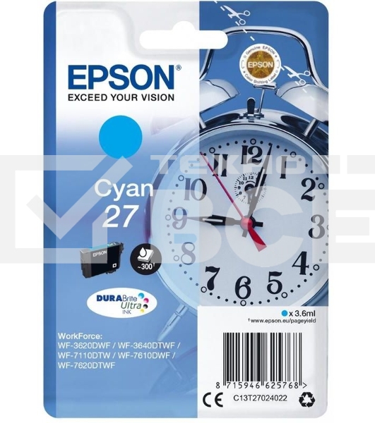 Картридж струйный Epson T2702 (C13T27024022/C13T27024020) голубой, 300 стр., для WF7110/7610/7620