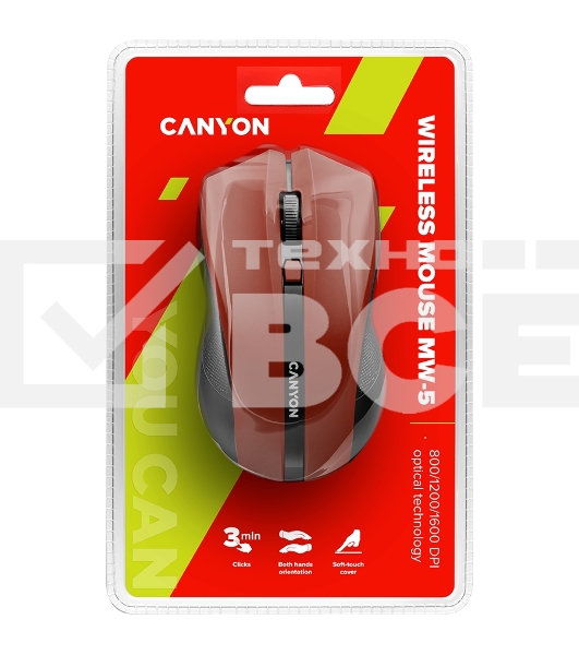 Мышь беспроводная Canyon MW-5 красный, 1600 dpi, радиоканал, USB, кнопки - 4