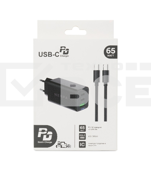 Зарядное устройство NERPA PD333CBX 65W GaN PD+QC3.0, 2xUSB-C, 1xUSB-A, USB-C - USB-C 100W cable 1.5m черный, EU plug, BOX