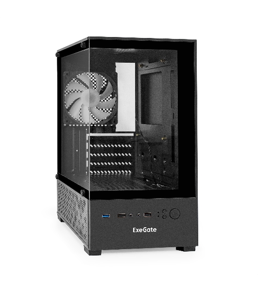 Компьютерный корпус Minitower ExeGate i3 SEA-NPX650 (mATX, БП 650NPX, 2*USB+1*USB 3.0, HD аудио, черный, 1 вент. 12см с RGB подсветкой, передняя и боковая панели - закаленное стекло)