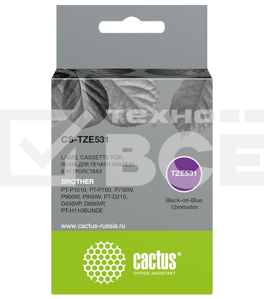 Картридж ленточный Cactus CS-TZE531 TZe-531 черный шрифт, синий фон (12 мм, 8 м) для Brother PT-P1010, PT-P700, P750W, P900W, P950W, PT-D210, D450VP, D600VP, PT-H110BUNDE