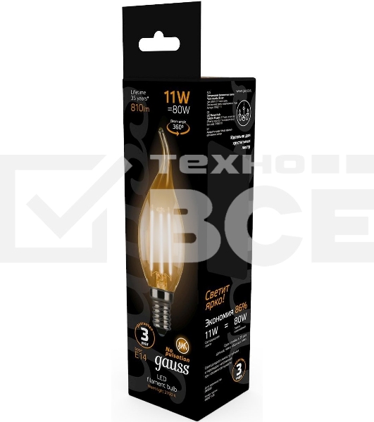 Лампа Gauss LED Filament Свеча на ветру E14 11W 720lm 2700K 1/10/50