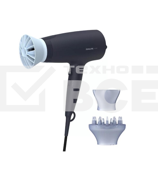 Фен Philips Фен Philips/ 2100 Вт, 6 режимов, ионизация, ThermoProtect, концентратор, диффузор, шнур 1,8 м. Цвет: синий.