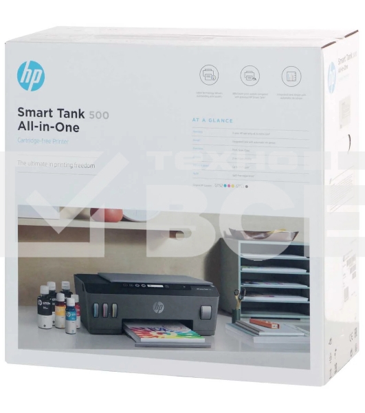 МФУ струйный HP Smart Tank 500 (4SR29A), A4, цветной, печ. до 22 стр/мин. (ч/б) до 16 стр/мин. (цвет), скан. до 8 стр/мин. (ч/б) 4 стр/мин. (цвет), 1200x1200dpi, USB