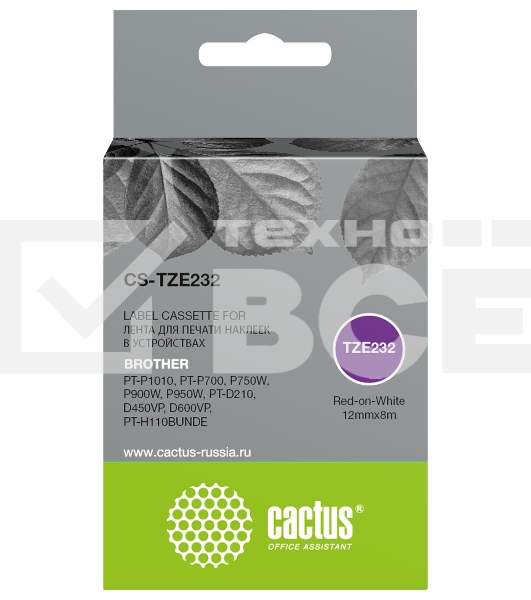 Картридж ленточный Cactus CS-TZE232 TZe-232 красный шрифт, белый фон (12 мм, 8 м) для Brother PT-P1010, PT-P700, P750W, P900W, P950W, PT-D210, D450VP, D600VP, PT-H110BUNDE