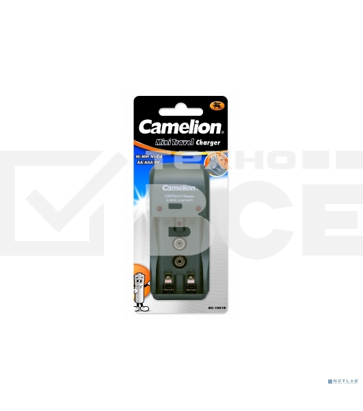 Зарядное устройство Camelion BC 1001A titanium ЗУ для 2 х AA, AAA или 1x9V, 200мА, складная вилка, таймер)