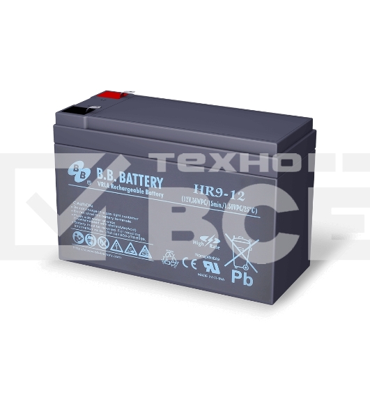 Аккумулятор B.B. Battery series HR, HR9-12, voltage 12V, capacity 9Ah (discharge 20 hours), capacity 8Ah (discharge 10 hours), max. discharge current (5 sec.) 120A, max. charge current 2.4A, lead-acid AGM type, T2 terminals, LxWxH 151x65x100mm, weight 2.7