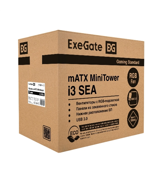 Компьютерный корпус Minitower ExeGate i3 SEA-NPX650 (mATX, БП 650NPX, 2*USB+1*USB 3.0, HD аудио, черный, 1 вент. 12см с RGB подсветкой, передняя и боковая панели - закаленное стекло)