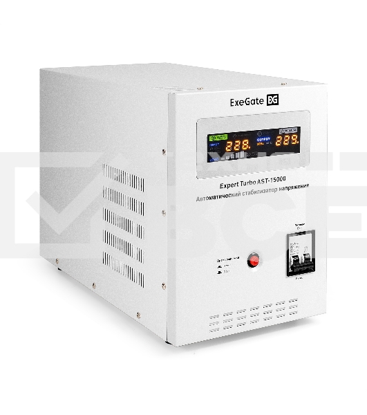 Стабилизатор напряжения ExeGate Expert Turbo AST-15000 (15000ВА, вход 80-260В, цветной дисплей, выход 220В±8%, КПД 98%, 5 уровней защиты, задержка, усиленный метал. корпус, клем.колодка, RTL)
