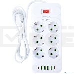 Сетевой удлинитель Amper 2,0м, 6 розеток, 10А, 2500 Вт, 4 usb, 2 Type-C, белый., фото 1