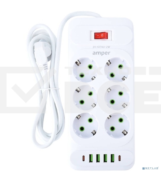 Сетевой удлинитель Amper 2,0м, 6 розеток, 10А, 2500 Вт, 4 usb, 2 Type-C, белый.