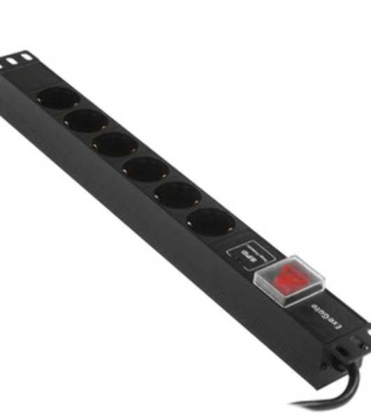 Блок розеток горизонтальный ExeGate ServerPro PDU-19H608 Al-6S-EU2-SW-SPD1, 19', 1U, Алюминий, 6 Schuko, кабель с евровилкой VDE-250V-16A-3*1.5мм2, 2 метра, выкл. с подсветкой, SPD1, черный