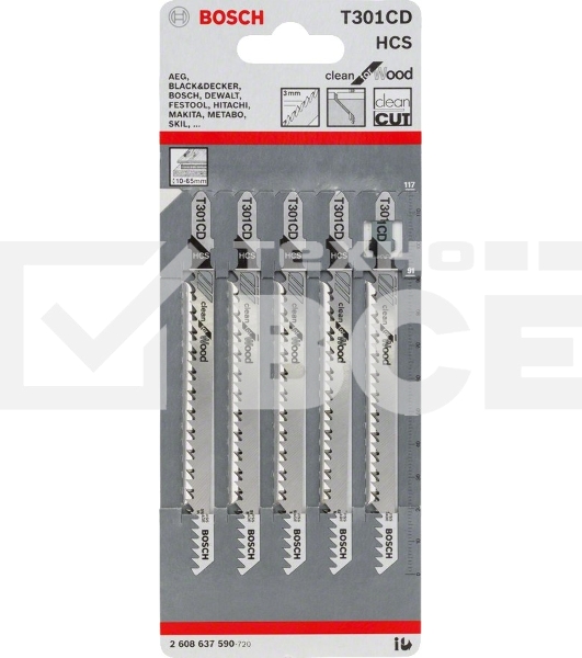Пилка для лобзика Bosch 2608637590 5 ЛОБЗИКОВЫХ ПИЛОК T 301 CD, HCS