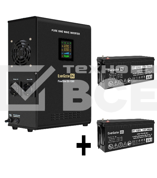 Комплект Источник бесперебойного питания EX295998RUS + батарея 200Aч EX282991RUS 2шт (инвертор, синус, для котла, настенный) ExeGate FineSine SX-1500.LCD.AVR.2SH <1500VA/1050W, чистая синусоида, цветной LCD-дисплей, AVR, 2*Schuko, линейно-интерактивный, к
