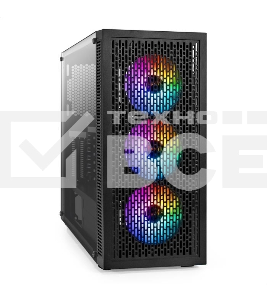 Компьютерный корпус Miditower ExeGate EVO-5001A (ATX, без БП, 2*USB+1*USB3.0+HD Audio, черный, 3 вент.12см с RGB подсветкой, боковая панель - закаленное стекло)