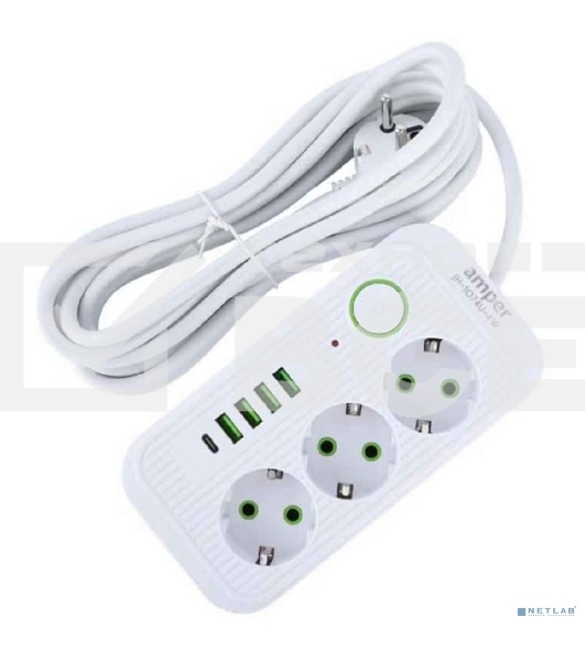 Сетевой удлинитель Amper 4,0 м, 3 розетки, 3*0,75 мм, 10А, 2500 Вт, 4usb, 1Type-C, белый.