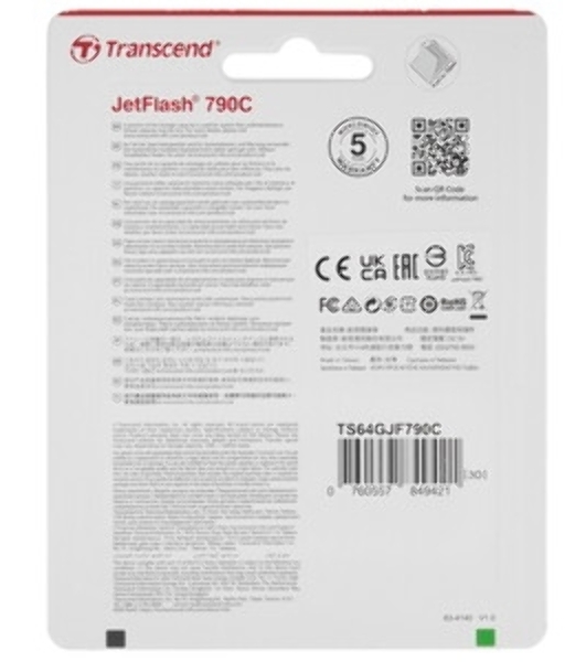Флешка USB Transcend JetFlash 790С (TS64GJF790C), 64Gb, USB 3.0 Type-C, R/W 90/60, черный/зеленый
