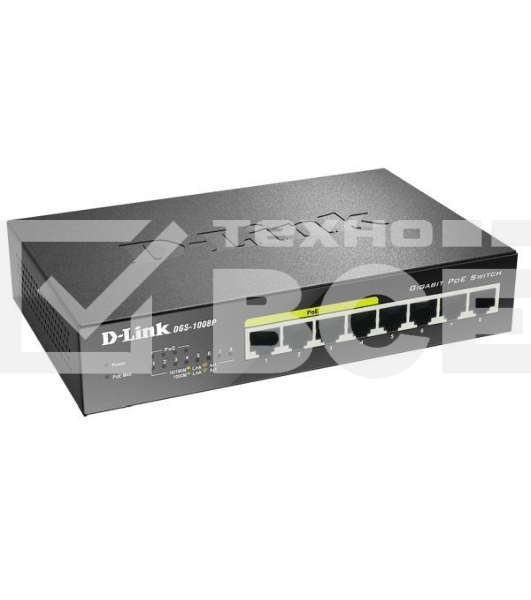 Коммутатор Unmanaged Switch with 8 10/100/1000Base-T ports (4 PoE ports 802.3af/802.3at (30 W), PoE Budget 68).8K Mac address, Auto-sensing, 802.3x Flow Control, Stand-alone, Auto MDI/MDI-X for each port, D-link Green technology, Metal case.Manual + Exter