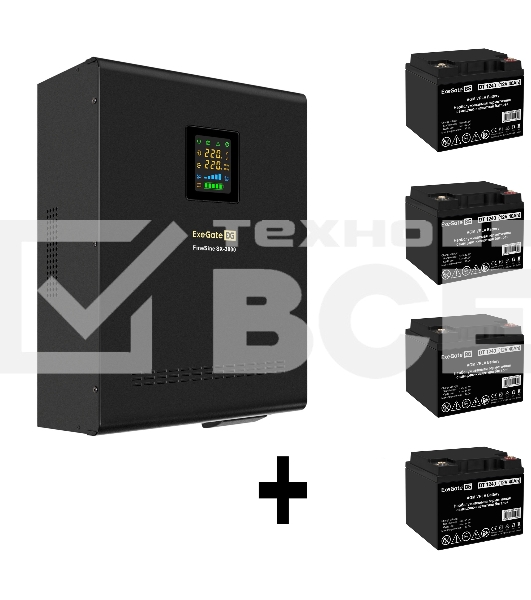 Комплект ИБП EX296003RUS + батарея 40Aч EX282976RUS 4шт (инвертор, синус, для котла, настенный) ExeGate FineSine SX-3000.LCD.AVR.2SH.T <3000VA/2100W, чистая синусоида, цветной LCD-дисплей, AVR, 2*Schuko+клеммы, линейно-интерактивный, крепление настенное, 