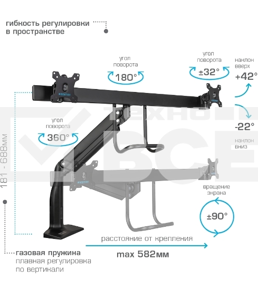 Кронштейн Kromax OFFICE-20 black, 1 шт/уп. Кр. алюм. настол. для мон. 17