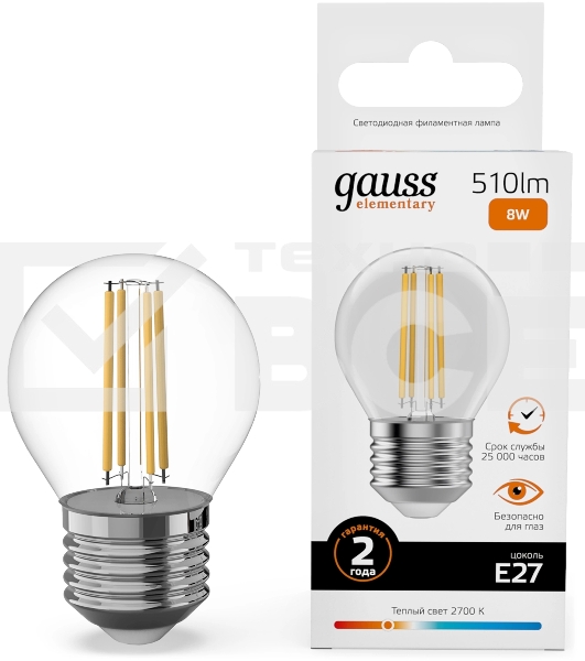 Лампа филам. Gauss Filament 8Вт цок.:E27 шар св.свеч.бел.теп. (упак.:10шт) (52218)