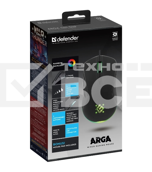 Мышь проводная Defender Arga GM-049 черный, 3600 dpi, USB, кнопки - 6