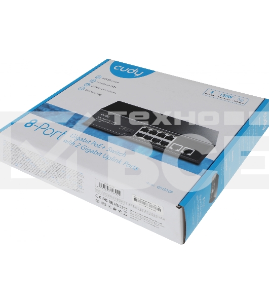 Коммутатор Cudy 8 RJ-45 10/100/1000M PSE ports +2 RJ45 10/100/1000 Uplink Port Unmanaged PoE+ Switch 120W, CCTV/VLAN mode support, long distance:250M at CCTV mode. 802.3af/at standard, Aternative 1/2(+),3/6(-), Rack-mountable Steel Case, Watchdog, 120W internal
