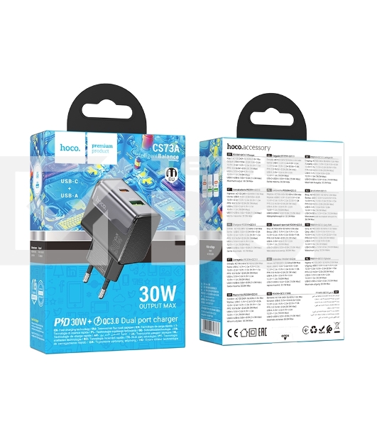 Зарядное устройство Hoco 30Вт, 3А, QC3.0/PD, 1xUSB, 1xType-C, CS73A, черный, коробка