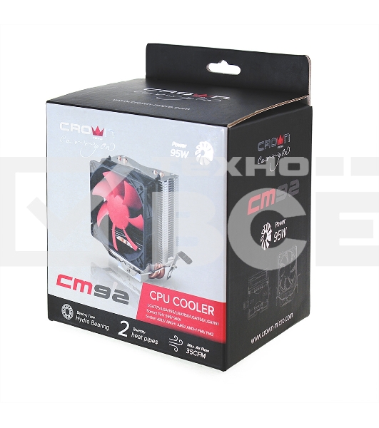 вентилятор CROWN Кулер для процессора CM-92 (Для Intel и AMD, TDP до 95 Ватт, 2шт. медных теплопроводных трубок, Гидродинамическии подшипник, Размер: 117*79*113 мм)
