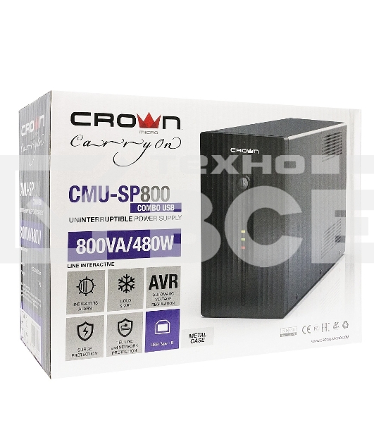 Источник бесперебойного питания CROWN Line Intractive CMU-SP800 COMBO USB 800VA\480W, корпус металл, 1x12V/9AH, розетки 4*IEC + 2*EURO+1*IEC bybass, трансформатор AVR 140-290V, съемный кабель 1.2 м, порт RJ11/45, порт USB, защита: от перегрузки, от КЗ, от скачков напряжения