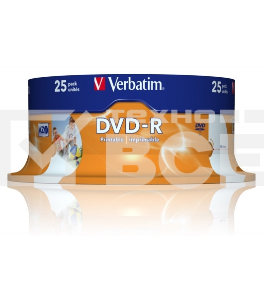 Диск DVD-R Verbatim 4.7Gb 16x Cake Box (25шт) Printable (43538)
