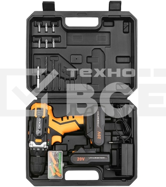 Аккумуляторная дрель DEKO DKCD20FU-Li (063-4103) 20В 1.5Ahx2 63 с набором 63 предмета в кейсе