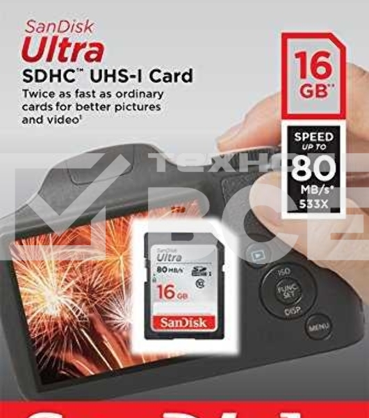 Флеш карта SDHC 16Gb Class10 Sandisk SDSDUNC-016G-GN6IN Ultra 80