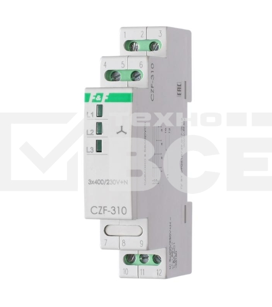 Реле контроля фаз CZF-310 (1 модуль; монтаж на DIN-рейке; 3х400/230+N 8А 1NO/NC IP20) F&F EA04.001.005