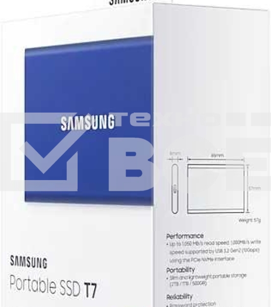 Внешний SSD Samsung T7, 2TB, USB 3.2 Gen 2 Type-C, R/W 1050/1000, синий