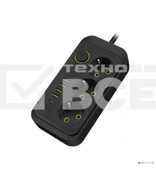 Сетевой удлинитель Amper 4,0 м, 3 розетки, 3*0,75мм, 10А, 2500 Вт, 4usb, 1Type-C, черный.