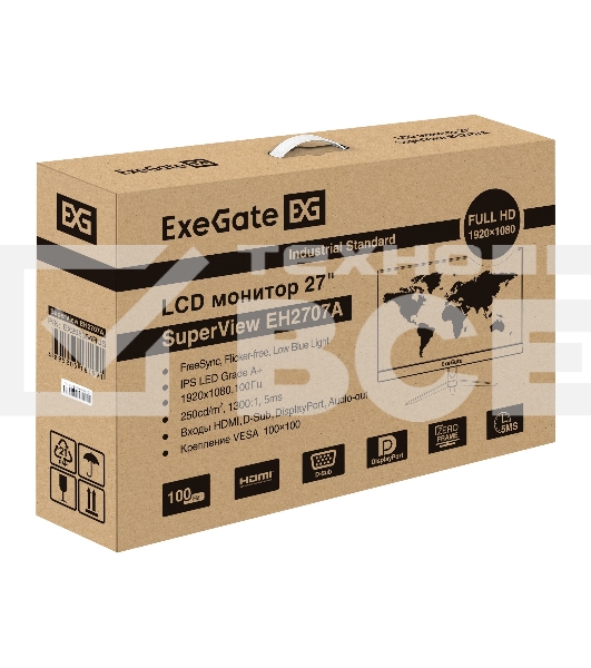 Монитор 27' ExeGate SuperView EH2707A IPS 1920x1080, 100 Гц, 5 мс, 16:9, 250 кд/м², HDMI 2.0, DP, VGA, 3.5 мм, FreeSync, черный