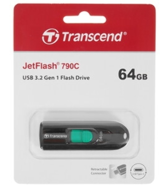 Флешка USB Transcend JetFlash 790С (TS64GJF790C), 64Gb, USB 3.0 Type-C, R/W 90/60, черный/зеленый