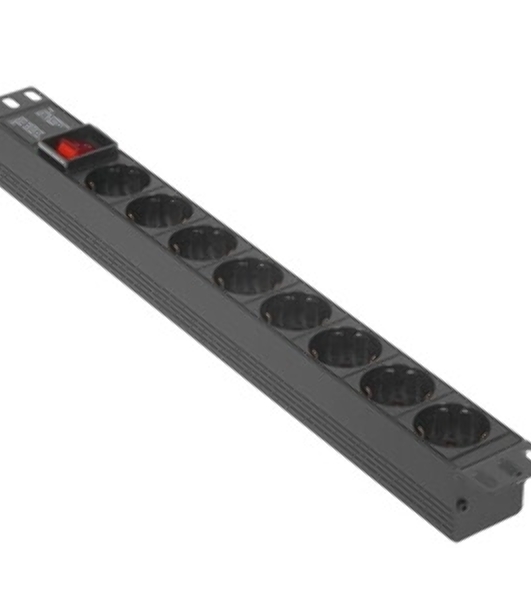 Блок розеток горизонтальный ExeGate ServerPro PDU-19H803 Al-8S-EU2-SW, 19', 1U, Алюминий, 8 Schuko, кабель с евровилкой VDE-250V-16A-3*1.5мм2, 2 метра, выкл. с подсветкой, черный