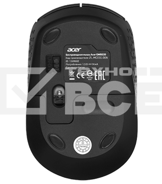 Мышь беспроводная Acer OMR020 черный, 1200 dpi, радиоканал, USB, кнопки - 3