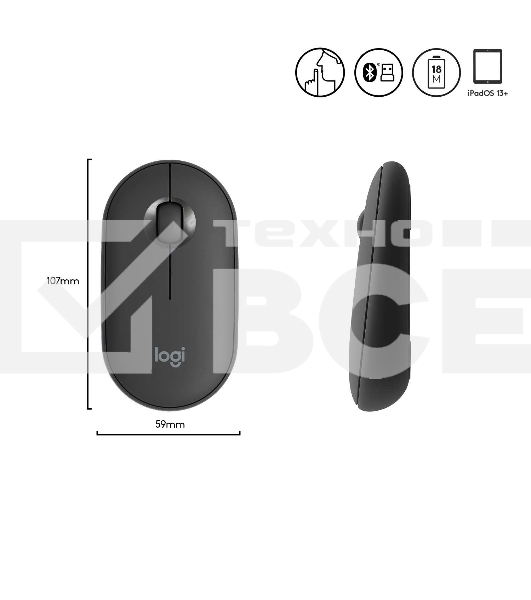 Мышь беспроводная Logitech Pebble M350 графитовый, 1000 dpi, радиоканал, Bluetooth, USB, кнопки - 3