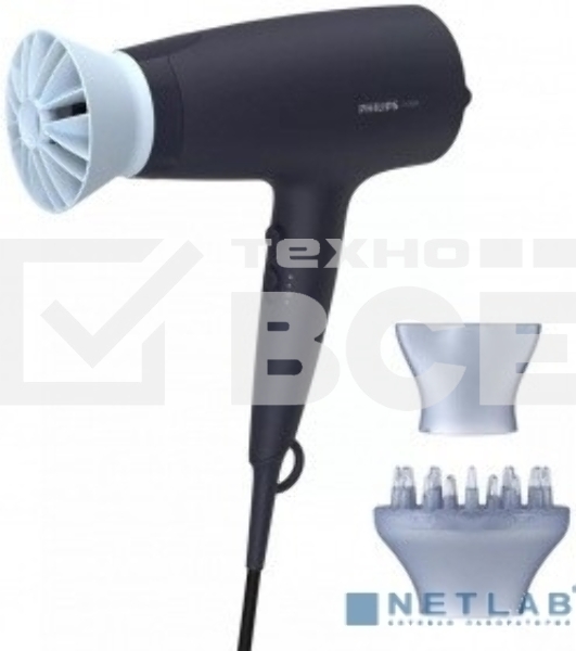 Фен Philips Фен Philips/ 2100 Вт, 6 режимов, ионизация, ThermoProtect, концентратор, диффузор, шнур 1,8 м. Цвет: синий.