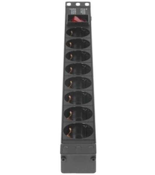 Блок розеток горизонтальный ExeGate ServerPro PDU-19H803 Al-8S-EU2-SW, 19', 1U, Алюминий, 8 Schuko, кабель с евровилкой VDE-250V-16A-3*1.5мм2, 2 метра, выкл. с подсветкой, черный