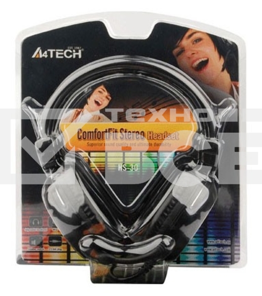Наушники A4Tech HS-30, Black {Гарнитура, накладные, 20-20000Гц,32 Ом, 102дБ, микр фиксирован, кабель 2м, 2 x mini jack 3.5 mm}