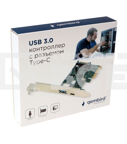 Контроллер USB  Gembird SPCR-02, в PCI, порты: 2 внешн. USB 3.0 Type-C
