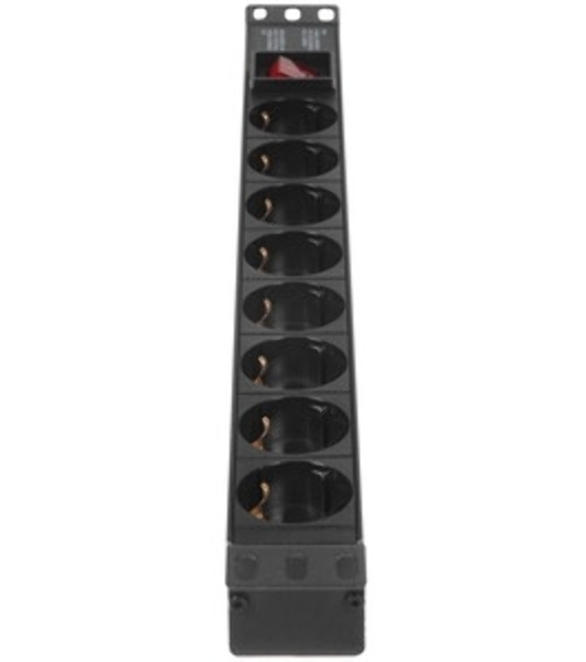Блок розеток горизонтальный ExeGate ServerPro PDU-19H804 Al-8S-EU2.5-SW, 19', 1U, Алюминий, 8 Schuko, кабель с евровилкой VDE-250V-16A-3*1.5мм2, 2.5 метра, выкл. с подсветкой, черный