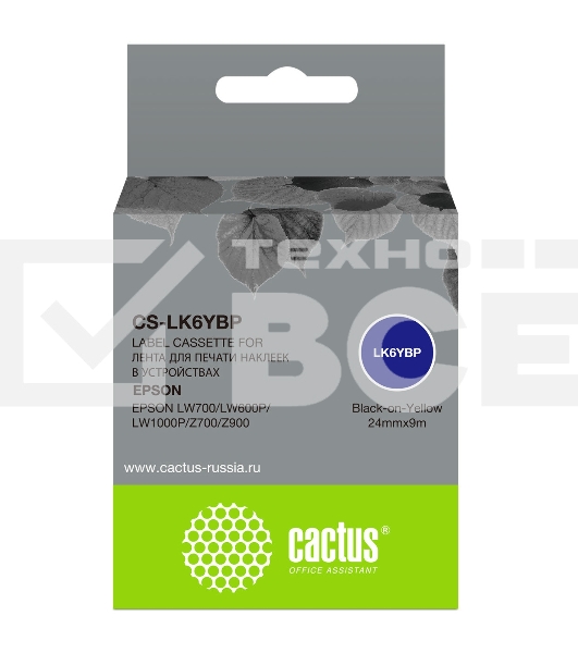 Картридж ленточный Cactus CS-LK6YBP черный шрифт, желтый фон (24 мм, 9 м) для Epson LW700/LW600P/LW1000P/Z700/Z900