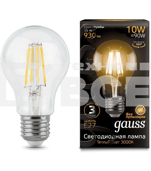 Лампа светодиодная Filament A60 E27 10Вт 2700К GAUSS 102802110